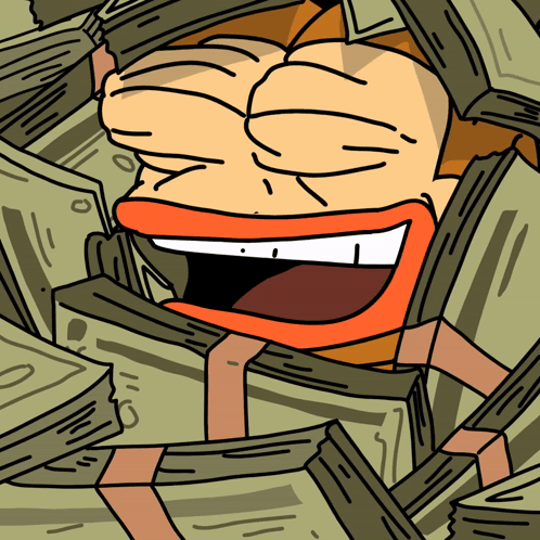 A Cartoon Of A Man Surrounded By Stacks Of Money With A Smiley Face GIF