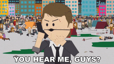 A Cartoon Of A Man Talking On A Cell Phone With The Words You Hear Me Guys GIF