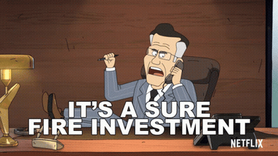 A Cartoon Of A Man Talking On A Phone With The Words " It 'S A Sure Fire Investment " Below Him GIF