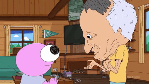 A Cartoon Of A Man Talking To A Pink Monster With A Banner That Says Buzz GIF