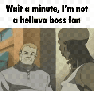 A Cartoon Of A Man Talking To Another Man With The Caption Wait A Minute I 'M Not A Helluva Boss Fan GIF