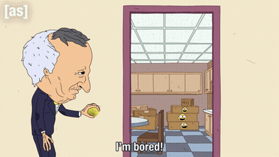 A Cartoon Of A Man Throwing An Egg With The Words I 'M Bored Below It GIF