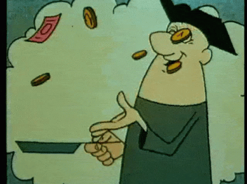 A Cartoon Of A Man Throwing Coins In The Air With A Dollar Bill In The Background GIF