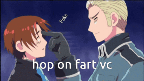 A Cartoon Of A Man Touching Another Man 'S Nose With The Words Hop On Fart Vc Below Them GIF