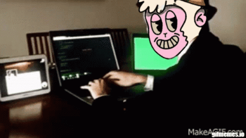 A Cartoon Of A Man Typing On A Laptop With Makeagif.com In The Lower Right Corner GIF