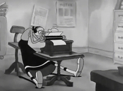 A Cartoon Of A Man Using A Typewriter With A Notice Poster Behind Him GIF