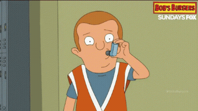 A Cartoon Of A Man Using An Inhaler With A Bob 'S Burgers Sign In The Background GIF