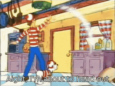 A Cartoon Of A Man Walking A Dog With The Words Aight I 'M About To Head Out Below Him GIF