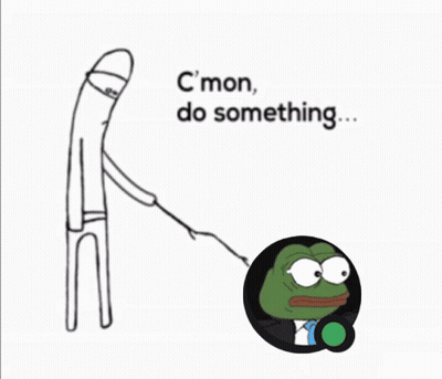 A Cartoon Of A Man Walking A Frog On A Leash With The Words " C'mon Do Something " Above It GIF