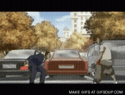 A Cartoon Of A Man Walking Across A Street With Cars In The Background GIF