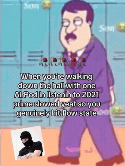 A Cartoon Of A Man Walking Down The Hall With One Airpod GIF