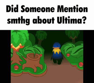 A Cartoon Of A Man Walking Through A Forest With The Caption Did Someone Mention Smthg About Ultima GIF