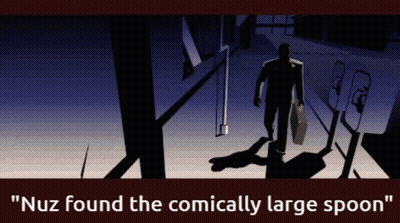 A Cartoon Of A Man Walking With The Words " Nuz Found The Comically Large Spoon " Below Him GIF