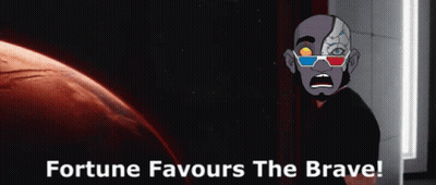 A Cartoon Of A Man Wearing 3D Glasses With The Words Fortune Favours The Brave On The Bottom GIF