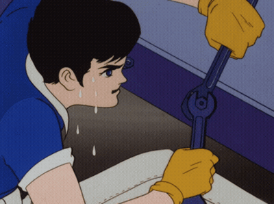 A Cartoon Of A Man Wearing A Blue Shirt And Yellow Gloves GIF