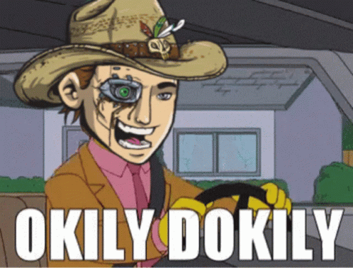 A Cartoon Of A Man Wearing A Cowboy Hat With The Words Okly Dokily On The Bottom GIF
