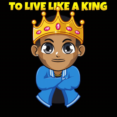 A Cartoon Of A Man Wearing A Crown With The Words " To Live Like A King Work Like A Slave " Below Him GIF