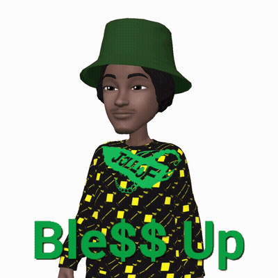 A Cartoon Of A Man Wearing A Green Hat And A Sweater That Says Bless Up On It GIF