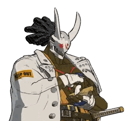 A Cartoon Of A Man Wearing A Helmet And Holding A Sword With A Keep Out Patch On His Chest . Sticker