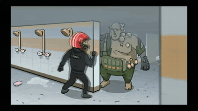 A Cartoon Of A Man Wearing A Helmet That Says Police On It GIF