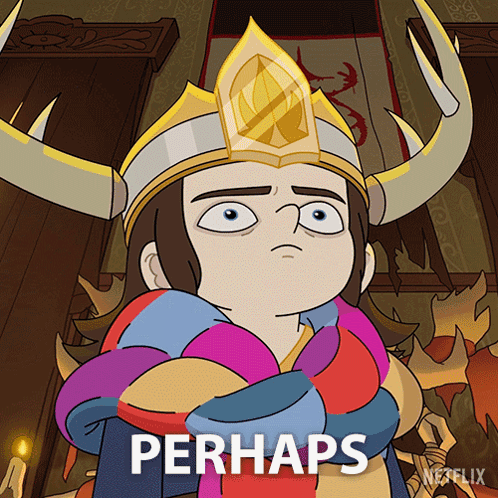 A Cartoon Of A Man Wearing A Horned Helmet With The Word Perhaps On The Bottom GIF