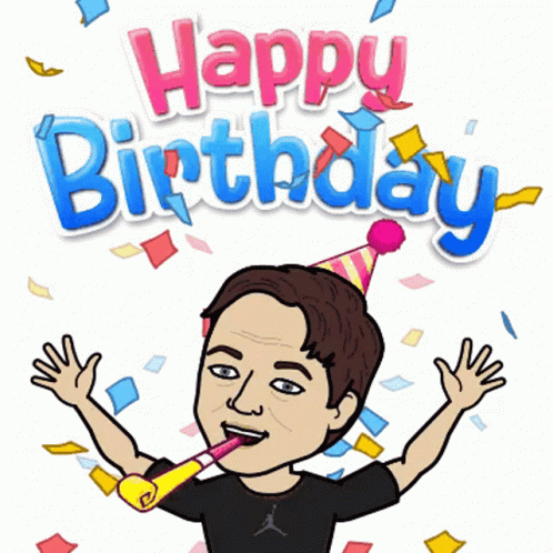 A Cartoon Of A Man Wearing A Party Hat And Blowing A Party Horn With The Words Happy Birthday Behind Him GIF