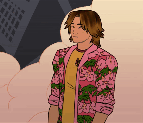 A Cartoon Of A Man Wearing A Pink Floral Jacket GIF
