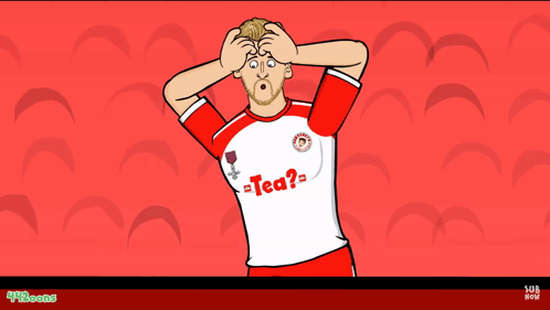 A Cartoon Of A Man Wearing A Red And White Shirt That Says Tea On It GIF
