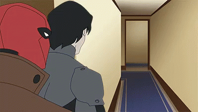 A Cartoon Of A Man Wearing A Red Cape Standing In A Hallway . GIF