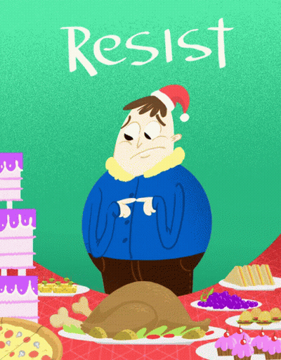 A Cartoon Of A Man Wearing A Santa Hat Sitting At A Table Full Of Food With The Word Resist Written On The Bottom GIF