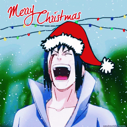A Cartoon Of A Man Wearing A Santa Hat With The Words Merry Christmas Written Above Him GIF