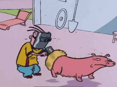 A Cartoon Of A Man Wearing A Welding Mask Standing Next To A Pink Pig GIF
