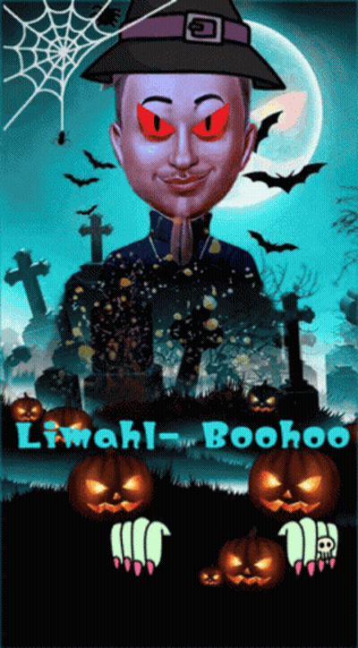 A Cartoon Of A Man Wearing A Witch Hat And Surrounded By Pumpkins With The Name Liwahl-Boohoo On The Bottom GIF