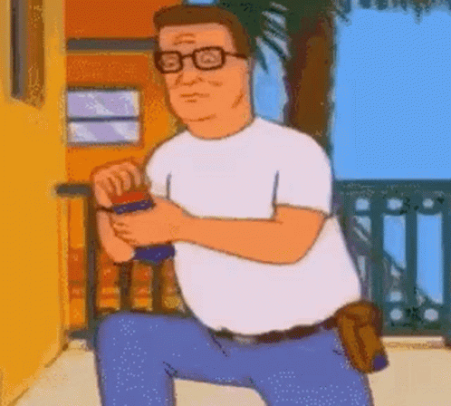 A Cartoon Of A Man Wearing Glasses And A White Shirt Kneeling Down On A Porch . GIF