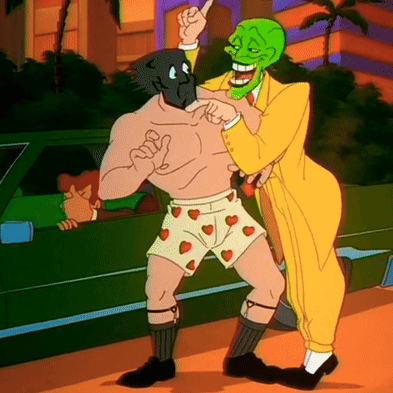 A Cartoon Of A Man Wearing Shorts With Hearts On Them And A Green Mask GIF