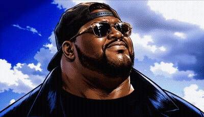 A Cartoon Of A Man Wearing Sunglasses And A Hat With A Blue Sky In The Background GIF