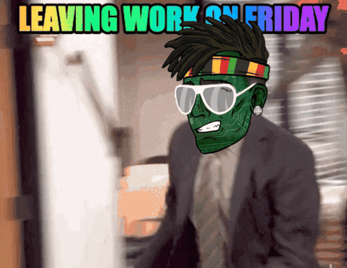 A Cartoon Of A Man Wearing Sunglasses And A Headband With The Words Leaving Work On Friday Above Him GIF