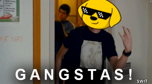 A Cartoon Of A Man Wearing Sunglasses And A Shirt That Says Gangsta 'S On It GIF