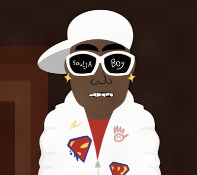 A Cartoon Of A Man Wearing Sunglasses That Say Soulja Boy On Them GIF
