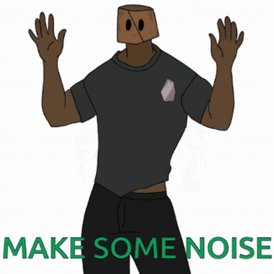 A Cartoon Of A Man With A Bag On His Head And The Words Make Some Noise GIF