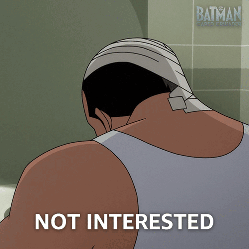 A Cartoon Of A Man With A Bandage On His Head And The Word Not Interested Below Him GIF