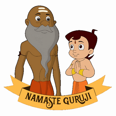 A Cartoon Of A Man With A Beard And A Boy With A Namaste Guruji Banner GIF