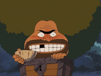 A Cartoon Of A Man With A Beard And A Clown Holding A Treasure Chest GIF