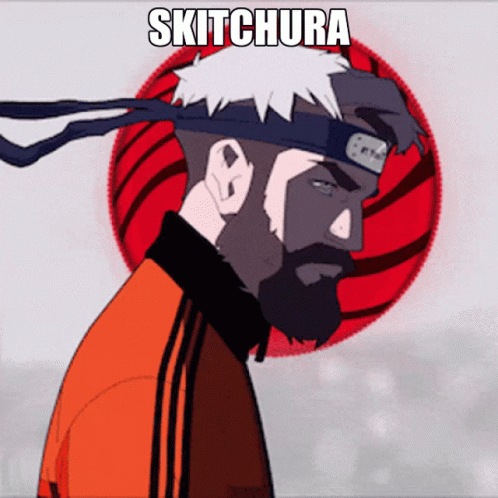 A Cartoon Of A Man With A Beard And A Headband That Says Skitchura GIF