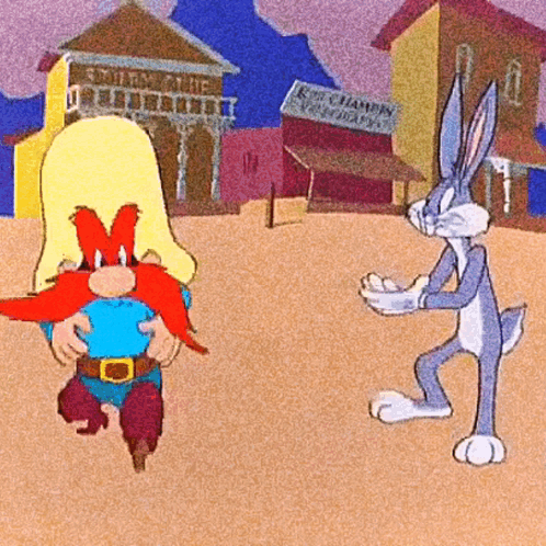 A Cartoon Of A Man With A Beard And A Rabbit Standing In Front Of A Building That Says King Champs GIF