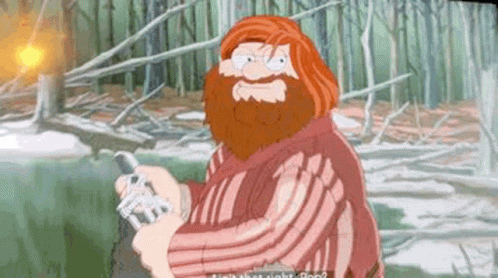 A Cartoon Of A Man With A Beard And Red Hair Holding A Gun In A Forest . GIF