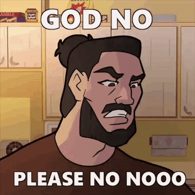 A Cartoon Of A Man With A Beard And The Words God No Please No Nooo GIF