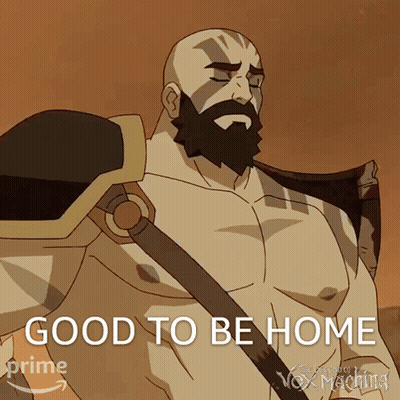 A Cartoon Of A Man With A Beard And The Words " Good To Be Home " GIF