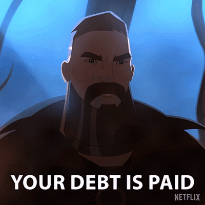 A Cartoon Of A Man With A Beard And The Words Your Debt Is Paid GIF