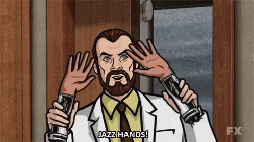 A Cartoon Of A Man With A Beard Holding A Pair Of Gloves And Saying Jazz Hands . GIF